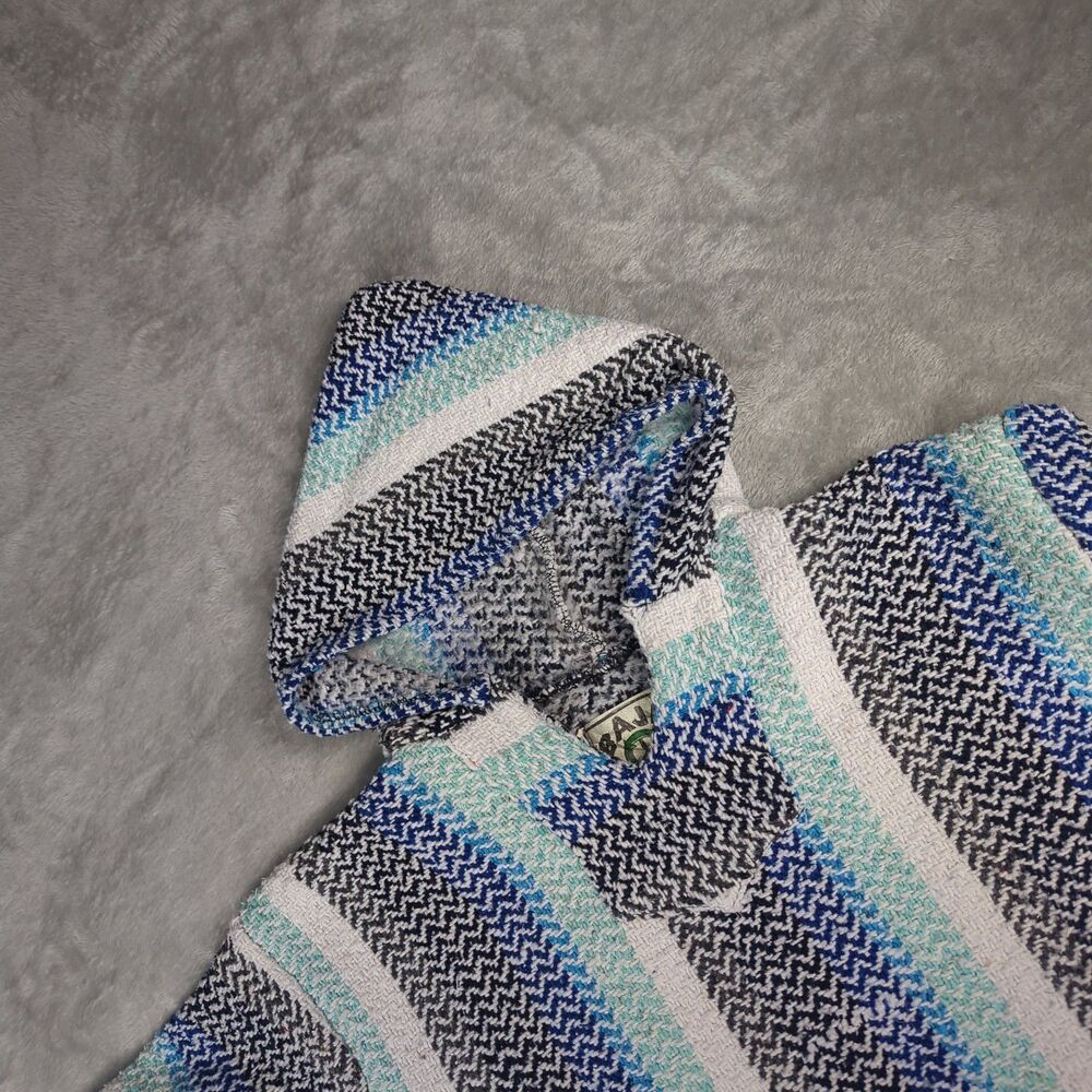 Baja Joe Earth Ragz Blue Teal Striped Pullover Hoodie Poncho Mens Small S